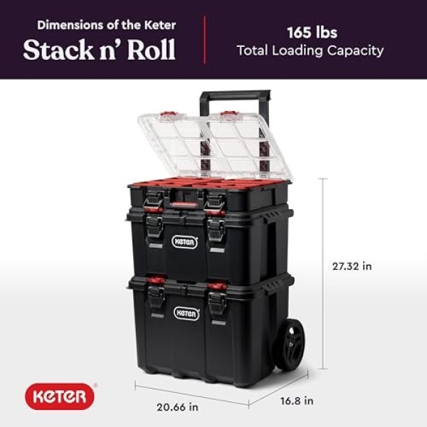 Keter Stack-n-Roll Modular Tools Organizer for Garage Storage and DIY, 3 Piece Resin Rolling Tool Box System for Small Parts - Image 12