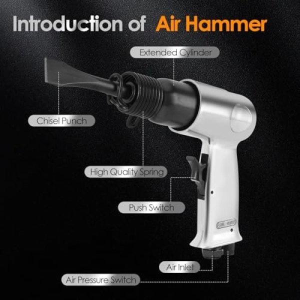 Air Hammer, Semme 4500 BPM Air Chisel with 4 Piece Chisel Punch Bits Tools, Industrial Handle Straight Type Pneumatic Hammer Tool, for General Cutting, Drilling, Rusting Removal, and Scraping - Image 4