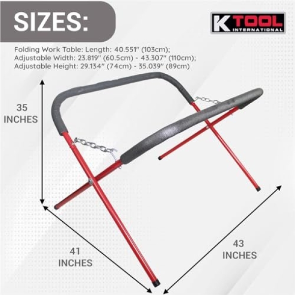 K Tool International 79750 Automotive Fender Stand for Garages, Repair Shops, and DIY, 41" x 43" x 35", 500 lbs. Capacity, Adjustable, Padded, Powder-Coated Tubular Steel, Rubber Feet, Red/Black - Image 2