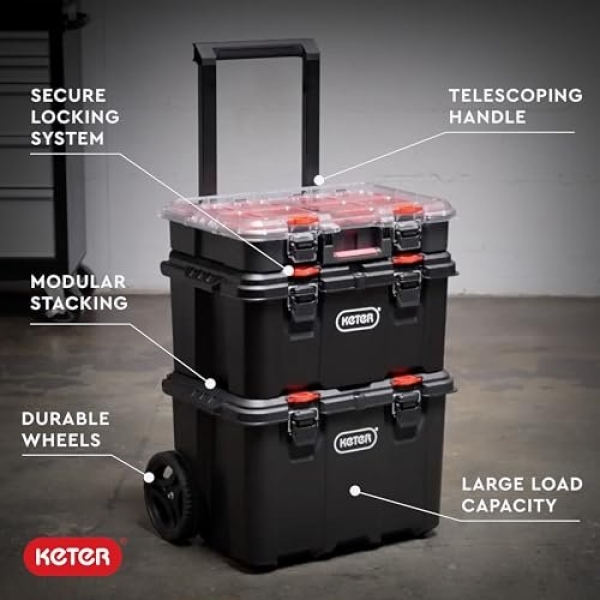 Keter Stack-n-Roll Modular Tools Organizer for Garage Storage and DIY, 3 Piece Resin Rolling Tool Box System for Small Parts - Image 13
