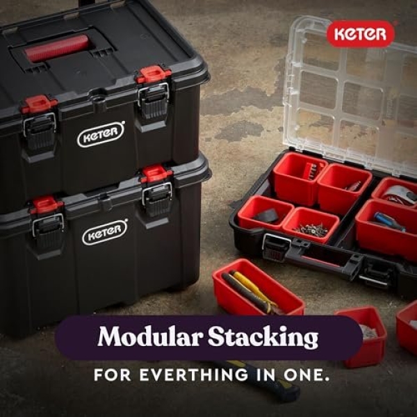 Keter Stack-n-Roll Modular Tools Organizer for Garage Storage and DIY, 3 Piece Resin Rolling Tool Box System for Small Parts - Image 10