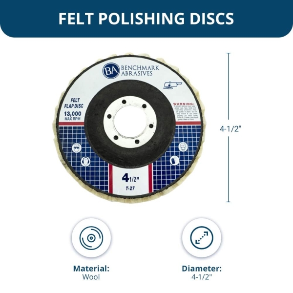 Benchmark Abrasives 4-1/2" x 7/8" Felt Polishing & Buffing Flap Discs for Polishing Stainless Steel Aluminum Fiberglass Plastic Metals, Use with Angle Grinder (5 Pack) - Image 3