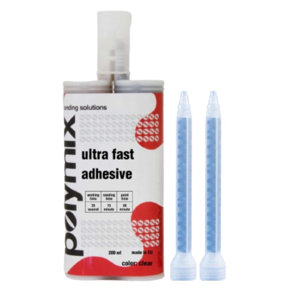 Polymix Ultra Fast Automotive Multipurpose Plastic Repair and Adhesive 200ml Cartridge & Two Application Mixing Nozzles (Clear)