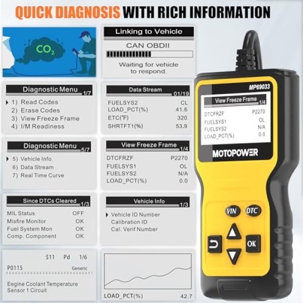 MOTOPOWER MP69033 Car OBD2 Scanner Code Reader Engine Fault Scanner CAN Diagnostic Scan Tool for All OBD II Protocol Cars Since 1996, Yellow - Image 6