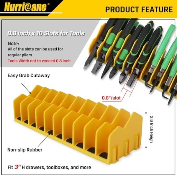 HURRICANE Plier Organizer Rack, 10-Slot Pliers Cutters Organizer Rack with Non-Slip Rubber Base, Tool Organizer, Tool Drawer Toolbox Organizer and Storage, Yellow, Extendable Design, Fit 3” H, 1 Pack - Image 8