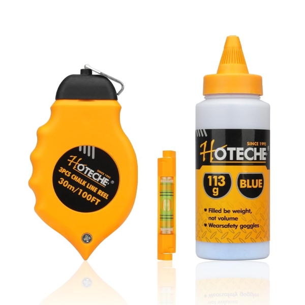 Hoteche 3-Piece Chalk Line Reel Set - 100ft Chalk Line with Mini Level and 4oz Blue Marking Chalk for Accurate Measuring and Layout