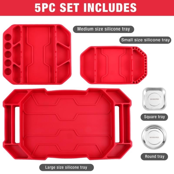 WORKPRO 5-Piece Non-Slip Tool Tray Set, 3-Piece Silicone Flexible Tools Organizers and 2-Piece Magnetic Parts Tool Tray, Tool Mat, Tool Holder, Tool Storage (Only Parts Tray Magnetic) - Image 2