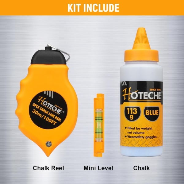 Hoteche 3-Piece Chalk Line Reel Set - 100ft Chalk Line with Mini Level and 4oz Blue Marking Chalk for Accurate Measuring and Layout - Image 7