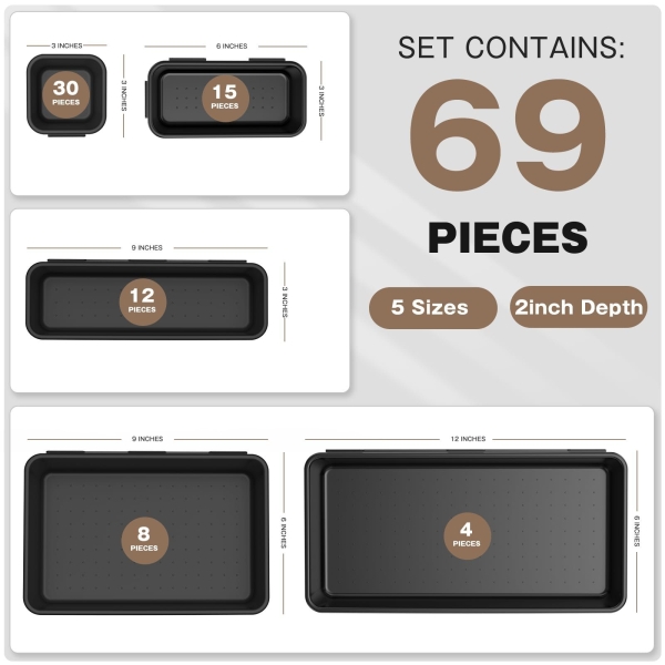 【More Larger Size】A-LUGEI【69Pcs】【5 Size】 Tool Box Organizer Tray Divider Set, 【Black】 Desk Drawer Organizer, Garage Organization and Storage Toolbox for Rolling Tool Chest Cart Cabinet WorkBench Parts - Image 6