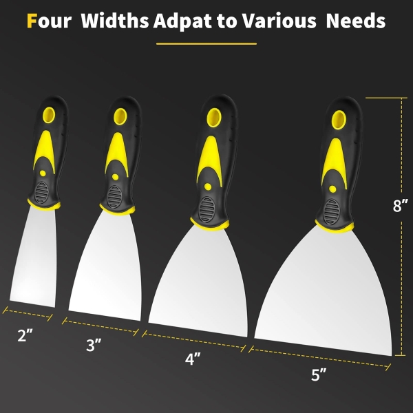 Putty Knife, 4Pcs Spackle Knife Set (2, 3, 4, 5 in), Stainless Steel Paint Scraper, Taping Knife Tool for Repairing Drywall, Removing Wallpaper, Applying Putty, Plaster, Cement, Adhesive - Image 3