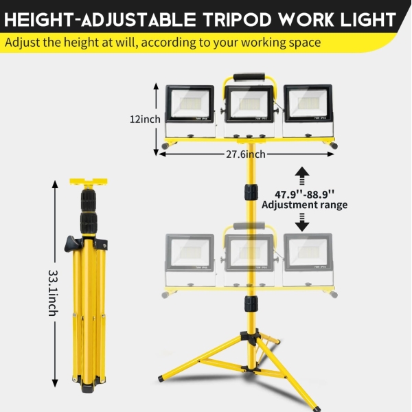 21000Lumen LED Work Lights with Stand: 3 Head Adjustable Work Light with Individual Switch - IP66 Waterproof Foldable Tripod Worklight with 16.4FT Cord for Indoor Outdoor Portable Lighting - Image 4