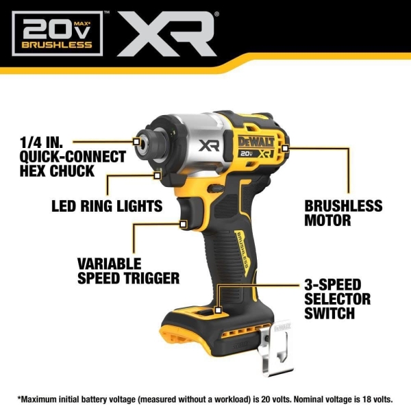 DEWALT 20V MAX XR Impact Driver, Brushless, 1/4", 3-Speed, Bare Tool Only (DCF845B) - Image 8