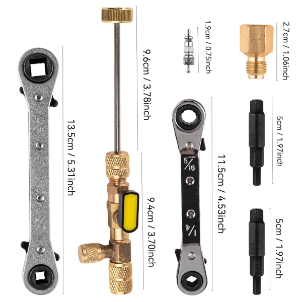Valve Core Remover Installer Tool and HVAC Service Wrench Set with Hex Bit Adapters, Dual Size SAE 1/4 to 5/16 Port, 5/16'', 3/8'' Refrigeration Service Wrench, 10 Valve Core - Image 3