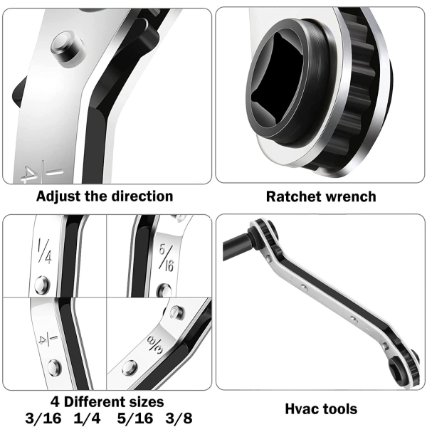 Hvac Service Wrench Tools:3/16” to 3/8” 5/16'' x 1/4''Air Conditioner Valve Ratchet Wrench with 2 Hexagon Bit Adapter Kit for Air Refrigeration and Equipment Repair Tools Clearance - Image 7