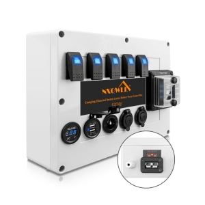12/24V Camping Electrical System Centre Battery Power Control Box, Ideal for Camper RVs Pickup Trucks 4WD Canopy Caravan, Includes Switches Fuse Box Voltmeter USB Ports Cig Socket
