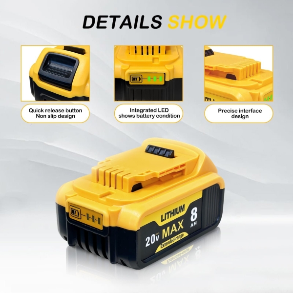 4-Pack 8000mAh Replacement for Dewalt 20v Max Battery Compatible with DCB200 DCB201 DCB203 DCB205 DCB206 DCB207 and Apply to Dewalt Cordless Power Tools and Chargers - Image 4