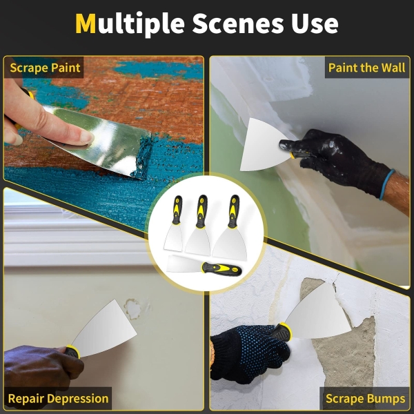 Putty Knife, 4Pcs Spackle Knife Set (2, 3, 4, 5 in), Stainless Steel Paint Scraper, Taping Knife Tool for Repairing Drywall, Removing Wallpaper, Applying Putty, Plaster, Cement, Adhesive - Image 2