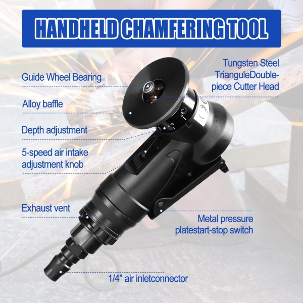 Pneumatic Chamfering Tool Handheld, Mini Air-Powered Chamfering Machine Trimming, 45° Arc Corner with 1/4 Inch Air Inlet for Metal Wood Beveling Deburring (C&R Angle Blades) - Image 6