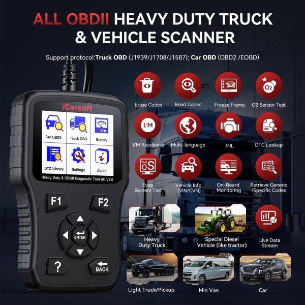 Heavy Duty Truck Scanner, iCarsoft HD V3.0 All System Diesel Diagnostic Scan Tool Battery Test Code Reader for Freightliner, Paccar, International, Mack, Volvo, Hino, Isuzu, Cummins Trucks and Cars - Image 8