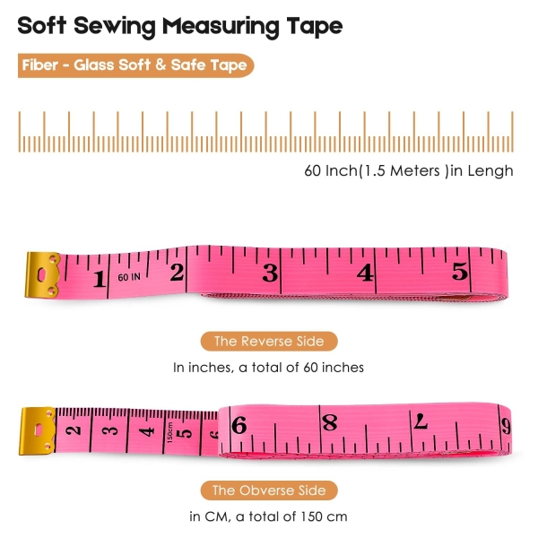 iBayam 2 Pack Tape Measure Measuring Tape for Body Fabric Sewing Tailor Cloth Knitting Vinyl Home Craft Measurements, 60-Inch Soft Fashion Pink & Retractable Black Double Scales Rulers for Body Weight - Image 7