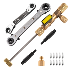 Valve Core Remover Installer Tool and HVAC Service Wrench Set with Hex Bit Adapters, Dual Size SAE 1/4 to 5/16 Port, 5/16'', 3/8'' Refrigeration Service Wrench, 10 Valve Core
