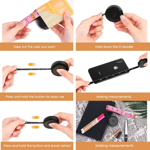 iBayam 2 Pack Tape Measure Measuring Tape for Body Fabric Sewing Tailor Cloth Knitting Vinyl Home Craft Measurements, 60-Inch Soft Fashion Pink & Retractable Black Double Scales Rulers for Body Weight - Image 4