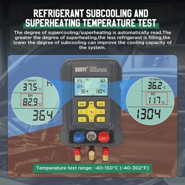 Digital Manifold Gauges HVAC for 93 Refrigerant Digital Gauges HVAC pressure&Temp Test Air Conditioning Tools & Equipment Supercooling/Superheating Test,for Cold Storages/Refrigerators AC Recharge Kit - Image 3