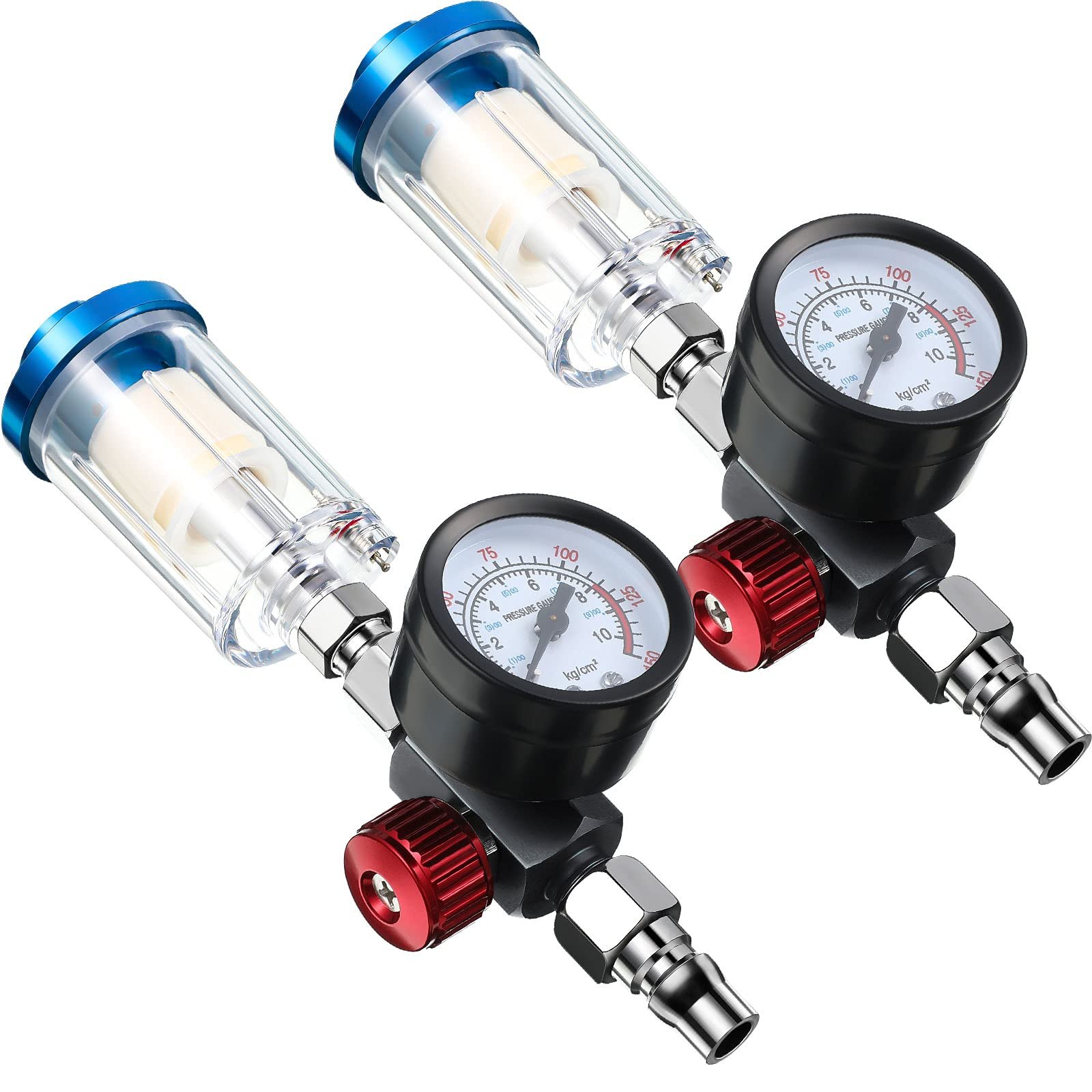 Honoson 1/4 Inch Air Adjusting Regulator Valve with Pressure Gauge and Water Trap Filter, 2 Packs, Oil Separator Water Pressure Compressor Regulator for Air Spray Paint Gun Cleaner