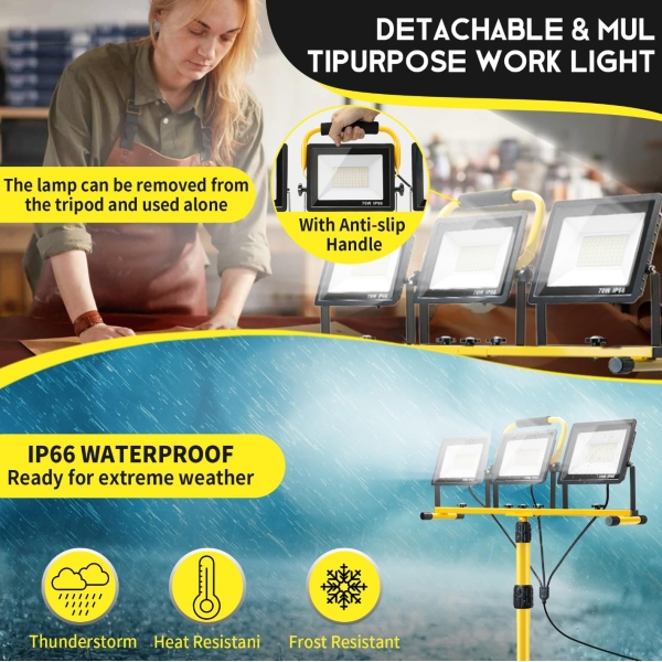 21000Lumen LED Work Lights with Stand: 3 Head Adjustable Work Light with Individual Switch - IP66 Waterproof Foldable Tripod Worklight with 16.4FT Cord for Indoor Outdoor Portable Lighting - Image 5