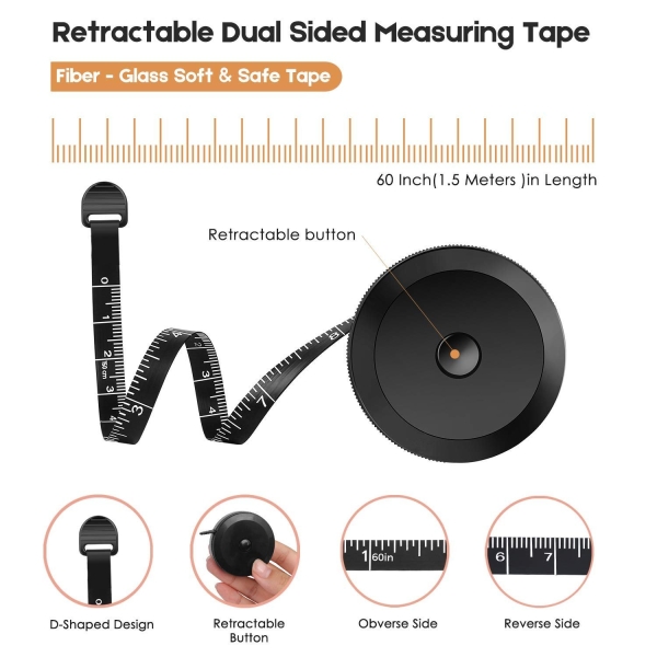 iBayam 2 Pack Tape Measure Measuring Tape for Body Fabric Sewing Tailor Cloth Knitting Vinyl Home Craft Measurements, 60-Inch Soft Fashion Pink & Retractable Black Double Scales Rulers for Body Weight - Image 6
