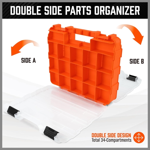 HORUSDY Small Parts Organizer, 34-Compartments Double Side parts organizer with Removable Dividers, Double Side Tools Box Screw Organizer For Nuts, Bolts, Screws, Nails, Small Hardware - Image 6