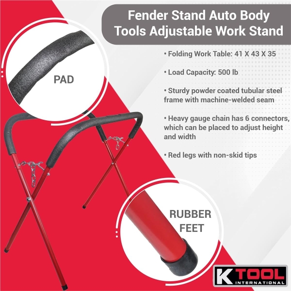 K Tool International 79750 Automotive Fender Stand for Garages, Repair Shops, and DIY, 41" x 43" x 35", 500 lbs. Capacity, Adjustable, Padded, Powder-Coated Tubular Steel, Rubber Feet, Red/Black - Image 7