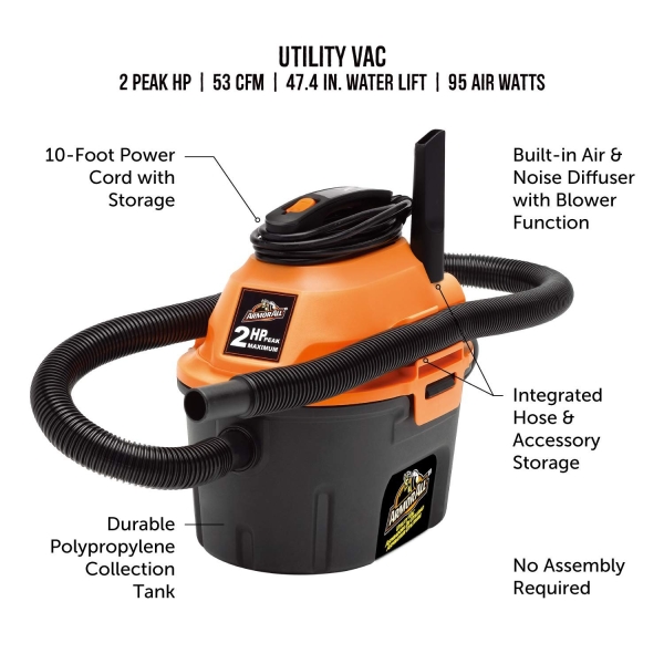 Armor All, AA255 , 2.5 Gallon 2 Peak HP Wet/Dry Utility Shop Vacuum , Orange - Image 7