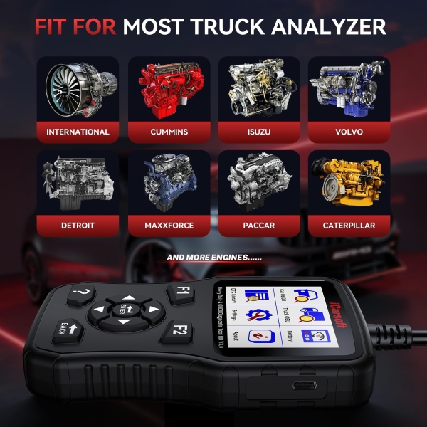 Heavy Duty Truck Scanner, iCarsoft HD V3.0 All System Diesel Diagnostic Scan Tool Battery Test Code Reader for Freightliner, Paccar, International, Mack, Volvo, Hino, Isuzu, Cummins Trucks and Cars - Image 6