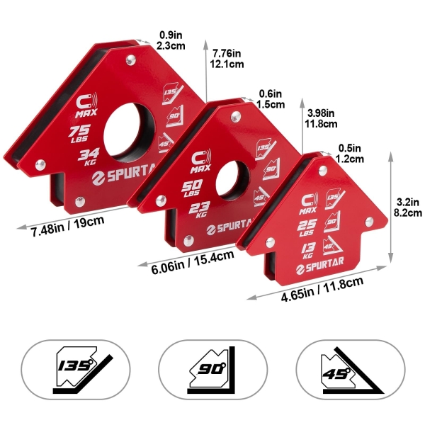 Spurtar Welding Magnets 6pcs, 75lbs 50lbs 25lbs Welding Magnets and Clamps, Heavy Duty Magnetic Holder Tools and Accessories 45°, 90°, 135° Angle - Image 3