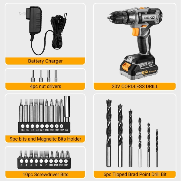 Power Drill Cordless: DEKO PRO Cordless Drill 20V Electric Power Drills Set Tool Drills Cord-less Set with Battery and Charger - Image 3