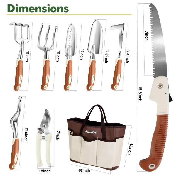 MelonArt Garden Tool Set,10 Pcs Heavy Duty Gardening Hand Tool Kit for Women Aluminum with Non Slip Ergonomic Handle, Storage Tote Bag and Gardening Gloves, Ideal Gifts for Women and Men - Image 4