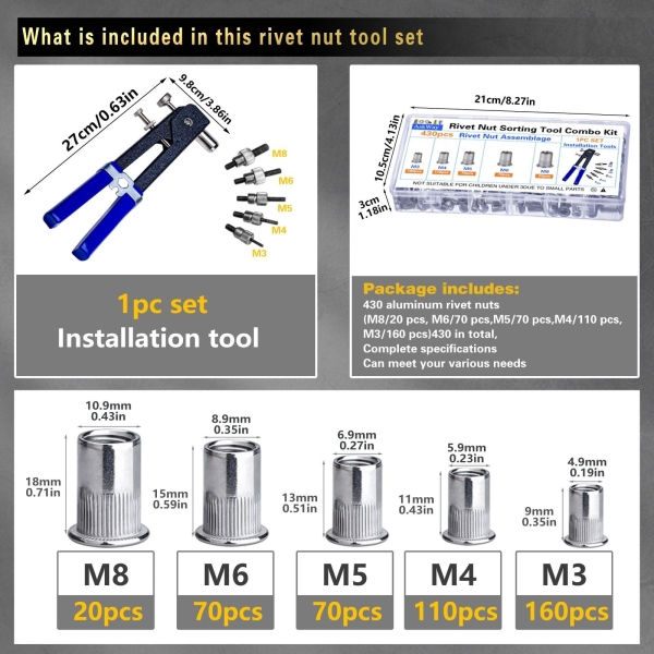 Pressure Rivet Nut Tool Kit, 430Pcs Metric Rivet Nut Combination (M8/M6/M5/M4/M3), Suitable for Furniture, Decoration, Automotive, Marine and Industrial Applications - Image 5