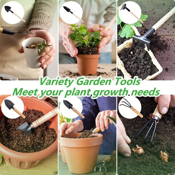 Small Garden Tool Set, 6 Pieces Iron Gardening Kit Including Hand Shovel, Transplant Shovel and Hand Rake with Wood Non-Slip Handle Perfect for Plant Lovers - Image 4