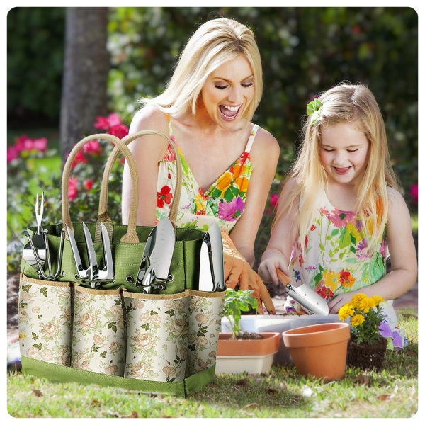 Grenebo Gardening Tools 9-Piece Heavy Duty Gardening Hand Tools with Fashion and Durable Garden Tools Organizer Handbag,Rust-Proof Garden Tool Set, Ideal Gardening Gifts for Women - Image 3