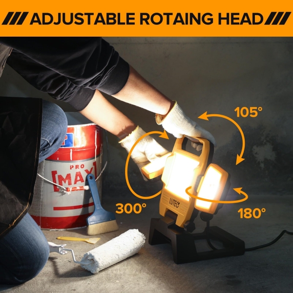 LUTEC 91.6W 10000 Lumen LED Work Light, Foldable Work Lights with 3 Adjustable Head, Portable Corded Construction Lights Job Site Lighting - Image 3