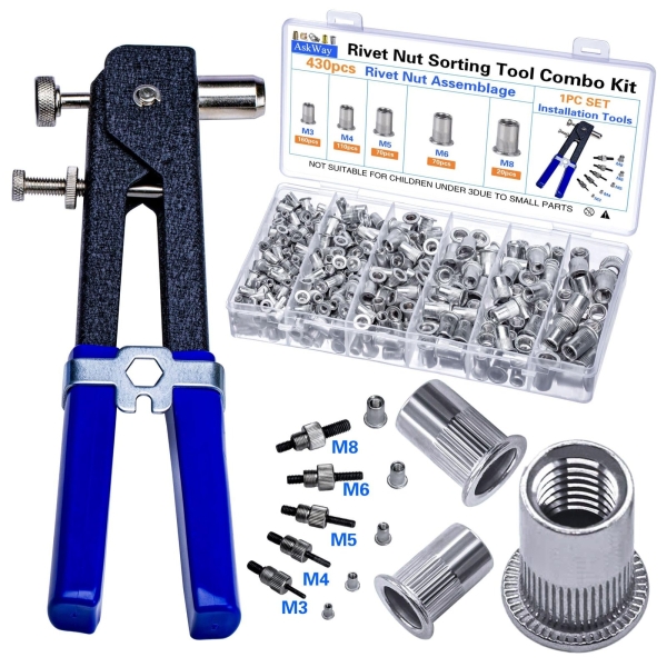 Pressure Rivet Nut Tool Kit, 430Pcs Metric Rivet Nut Combination (M8/M6/M5/M4/M3), Suitable for Furniture, Decoration, Automotive, Marine and Industrial Applications