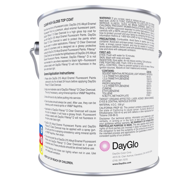 DayGlo Fluorescent Solvent-Based 215 Alkyd Brushing Enamel Paint, high visibility for interiors, arts and crafts, safety applications (Gallon, Clear Filteray Topcoat, 215-08A) - Image 8