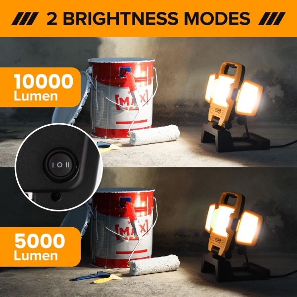LUTEC 91.6W 10000 Lumen LED Work Light, Foldable Work Lights with 3 Adjustable Head, Portable Corded Construction Lights Job Site Lighting - Image 6