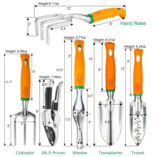 UKOKE Garden Tool Set, 12 Piece Aluminum Hand Tool Kit, Garden Canvas Apron with Storage Pocket, Outdoor Tool, Heavy Duty Gardening Work Set with Ergonomic Handle, Gardening Tools for women men - Image 9