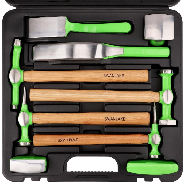 SWANLAKE GARDEN TOOLS 9Pcs Auto Body Hammer and Dolly Set, Heavy Duty Car Body Dent Repair Tool Kit with Carrying Case, Wood Handles, Performance Carbon Steel Hammers and Dollies Set, Fender Tool Set