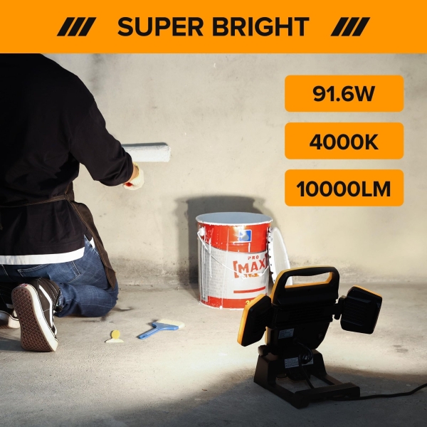 LUTEC 91.6W 10000 Lumen LED Work Light, Foldable Work Lights with 3 Adjustable Head, Portable Corded Construction Lights Job Site Lighting - Image 7