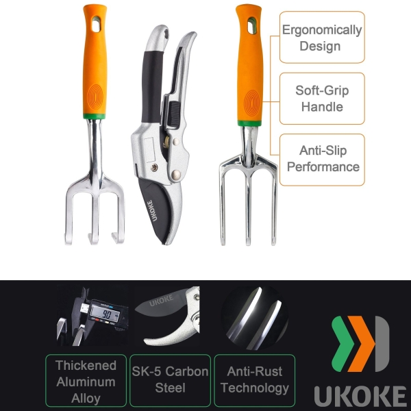 UKOKE Garden Tool Set, 12 Piece Aluminum Hand Tool Kit, Garden Canvas Apron with Storage Pocket, Outdoor Tool, Heavy Duty Gardening Work Set with Ergonomic Handle, Gardening Tools for women men - Image 8