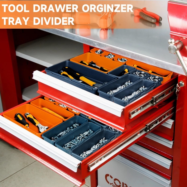 FLYVOLE Tool Box Organizer Tray, Toolbox Desk Drawer Organizer, Tool Box Tray, Toolbox Organization Storage for Rolling Tool Chest (60PCS (Blue+Orange)) - Image 6