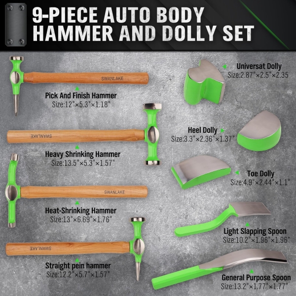 SWANLAKE GARDEN TOOLS 9Pcs Auto Body Hammer and Dolly Set, Heavy Duty Car Body Dent Repair Tool Kit with Carrying Case, Wood Handles, Performance Carbon Steel Hammers and Dollies Set, Fender Tool Set - Image 9